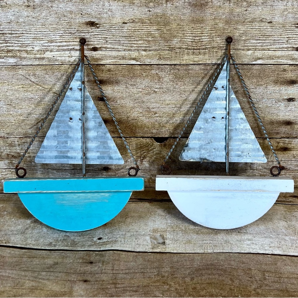 Crystal Art Gallery Rustic Metal Wood Sailboat Wall Decor Set‎ Teal White 2pc